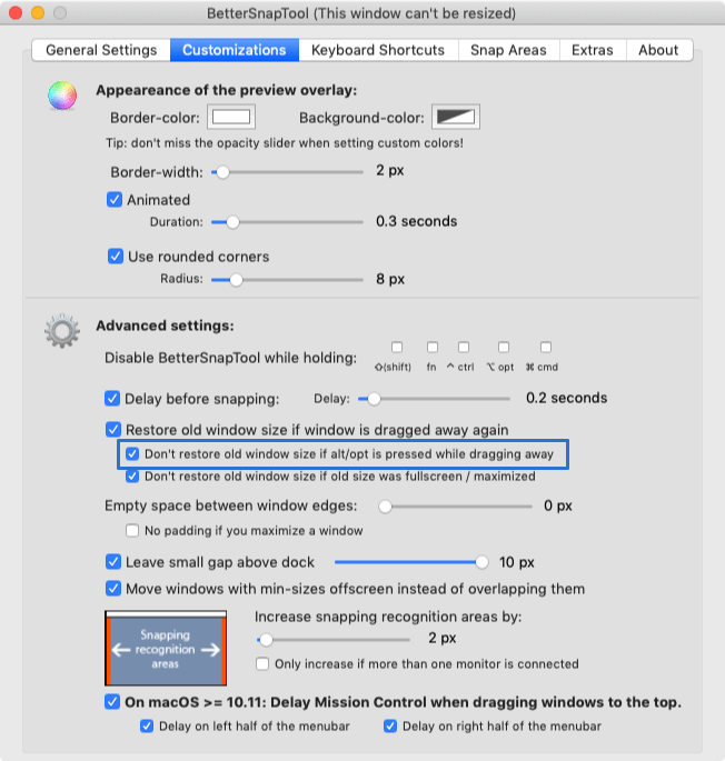 Advanced settings:」にある「Don't restore old window size if alt/opt is pressed while dragging away