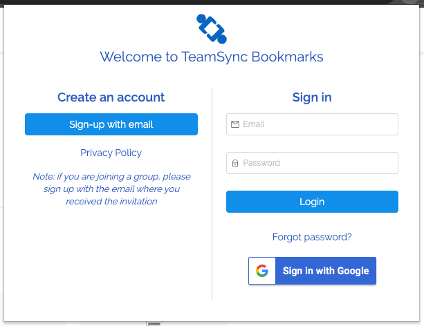 TeamSync Bookmarksのログイン画面