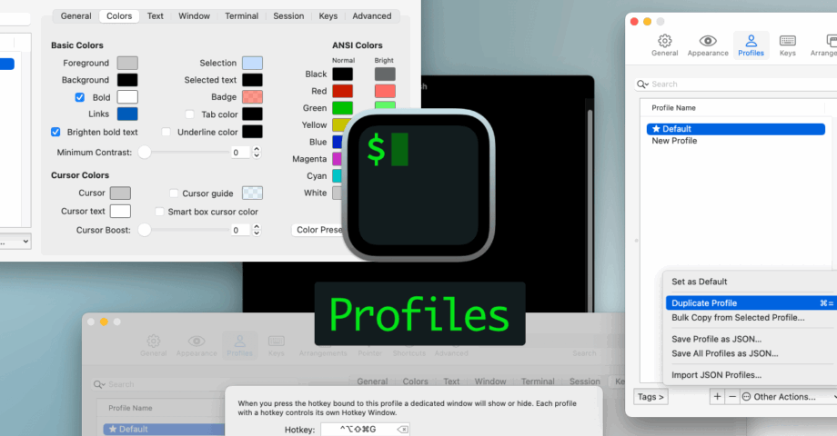 iTerm2で複数の設定を管理して、プロファイルごとに見た目や設定を変えられる環境設定の「Profiles」タブ