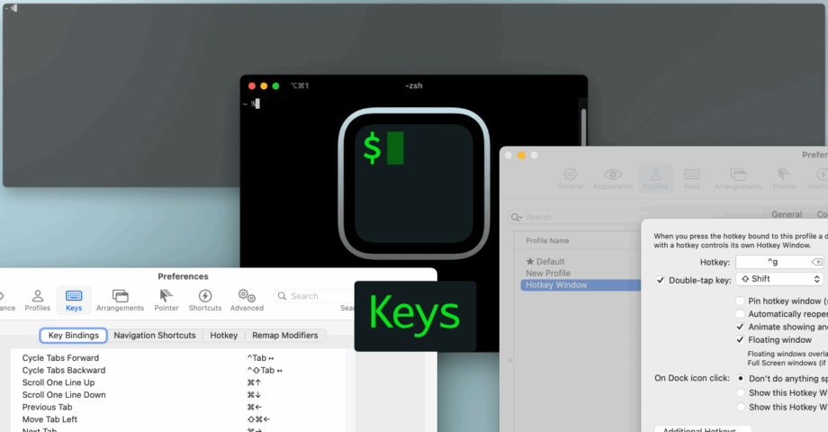 iTerm2でキーボードを使った操作を設定できる環境設定の「Keys」タブ