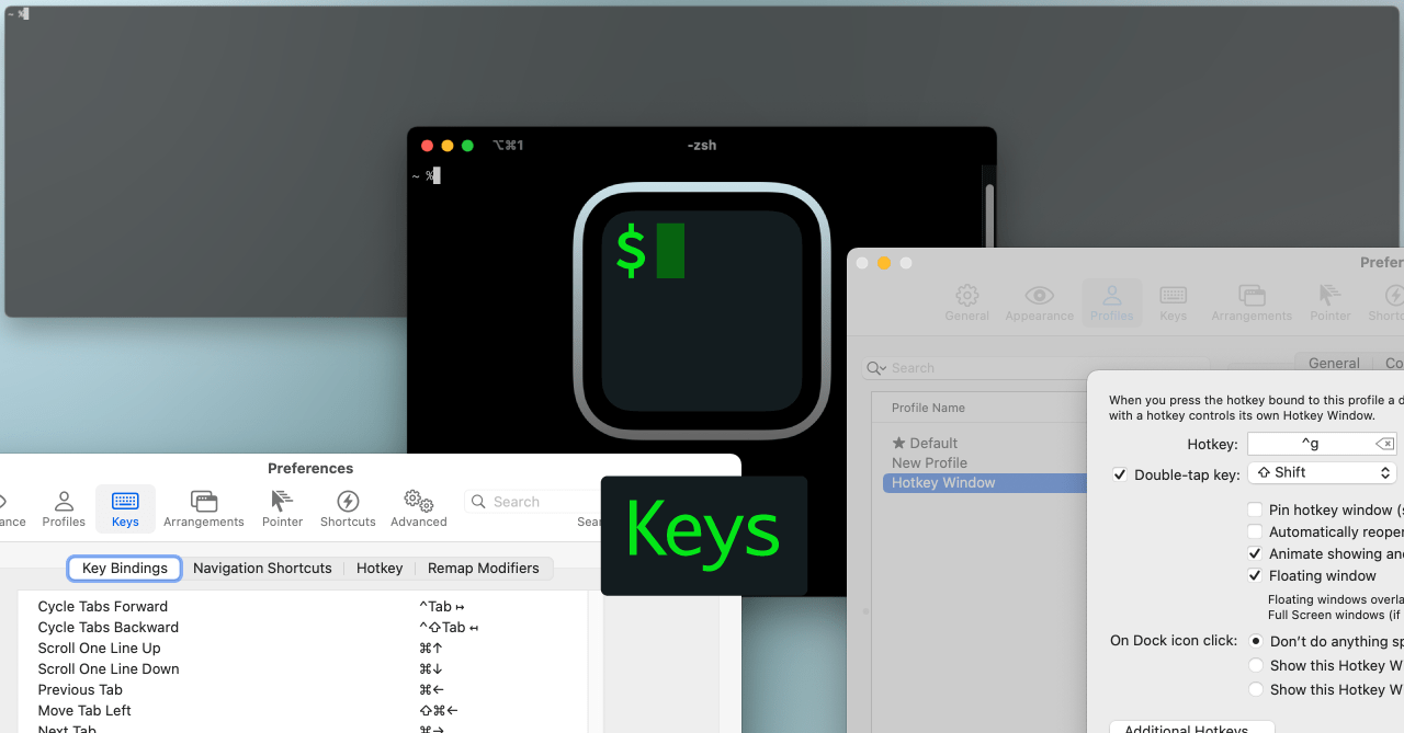 iTerm2でキーボードを使った操作を設定できる環境設定の「Keys」タブ