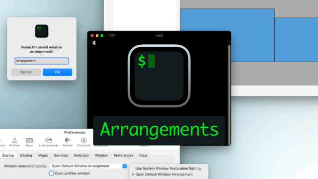 iTerm2でウインドウの位置を保存してすぐに復元できる環境設定の「Arrangements」タブ