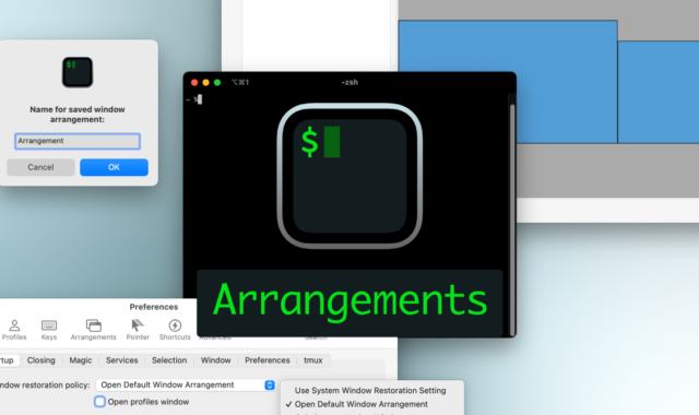 iTerm2でウインドウの位置を保存してすぐに復元できる環境設定の「Arrangements」タブ