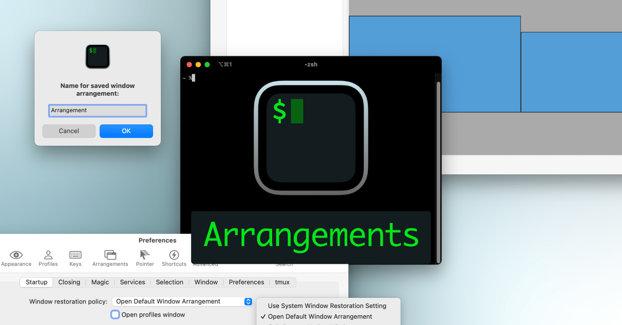 iTerm2でウインドウの位置を保存してすぐに復元できる環境設定の「Arrangements」タブ