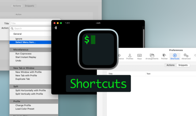 iTerm2でよく使うアクションやスニペットの設定ができる環境設定の「Shortcuts」タブ