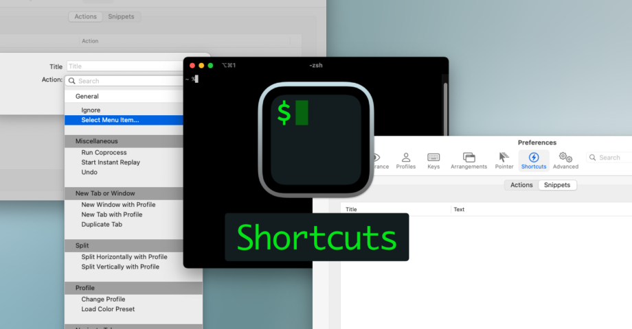 iTerm2でよく使うアクションやスニペットの設定ができる環境設定の「Shortcuts」タブ