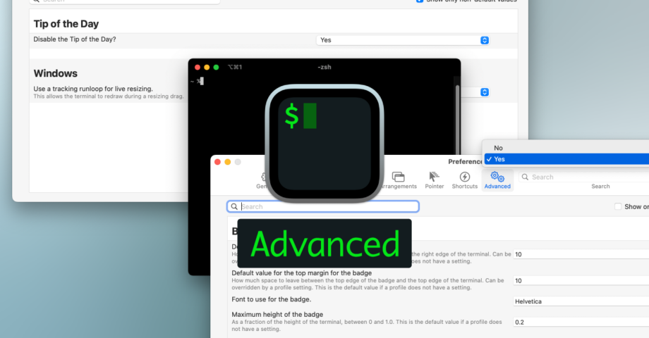 iTerm2でさらに細かい機能の設定ができる環境設定の「Advanced」タブ