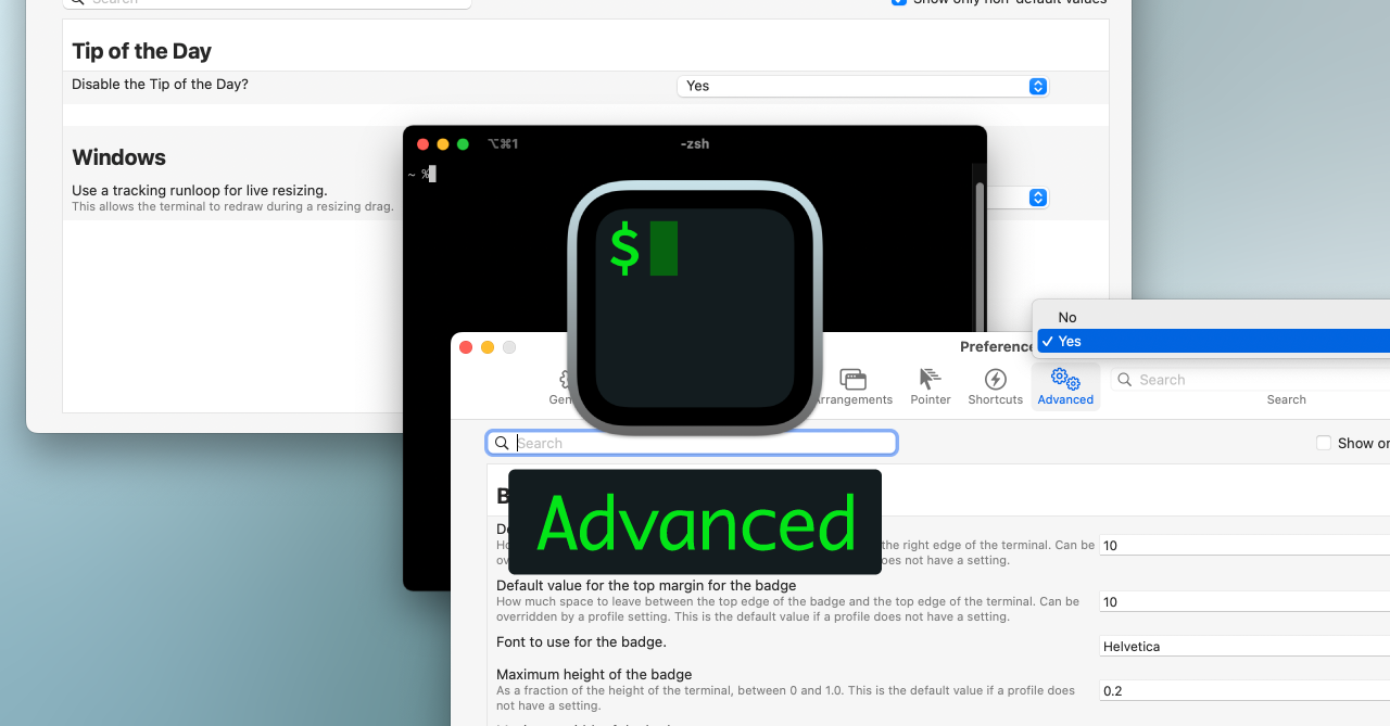iTerm2でさらに細かい機能の設定ができる環境設定の「Advanced」タブ