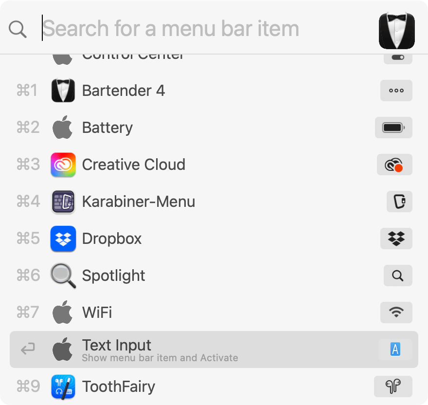 Quick Search menu bar itemsの表示
